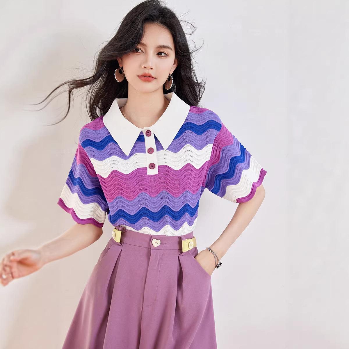 Women's Lightweight Knit Short Sleeve Polo - Unique Purple Pattern Loose Top