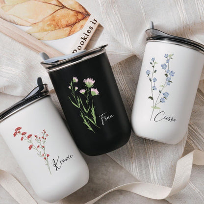 Personalized Bridesmaid Wine Tumbler - Stainless Steel Insulated Cup with Floral Name Design