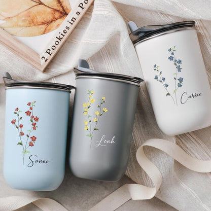 Personalized Bridesmaid Wine Tumbler - Stainless Steel Insulated Cup with Floral Name Design