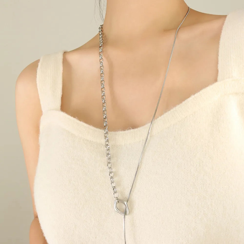 Long Titanium Steel Double Ring Pendant Necklace