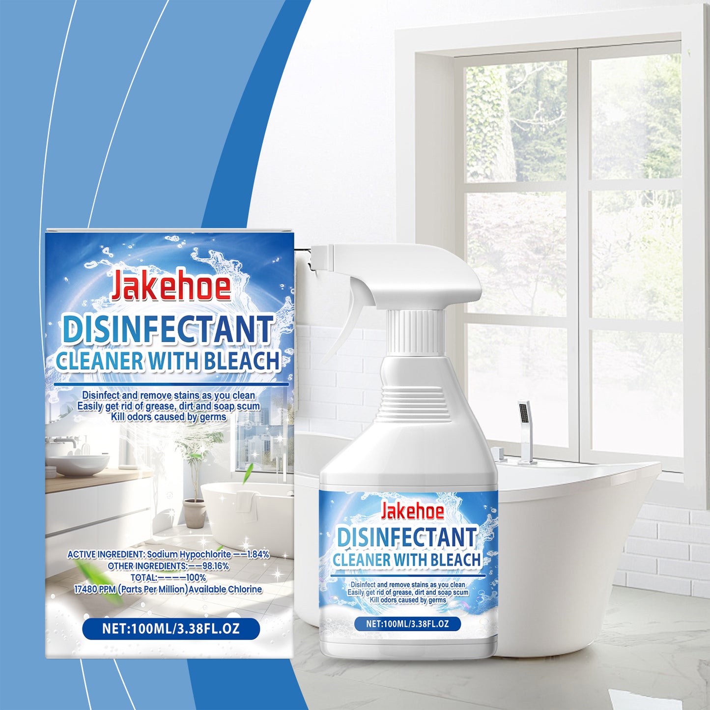 Jakehoe Bathroom Cleaning Spray | Disinfectant Cleaner with Bleach | Multi-Purpose Stain and Scale Cleaner