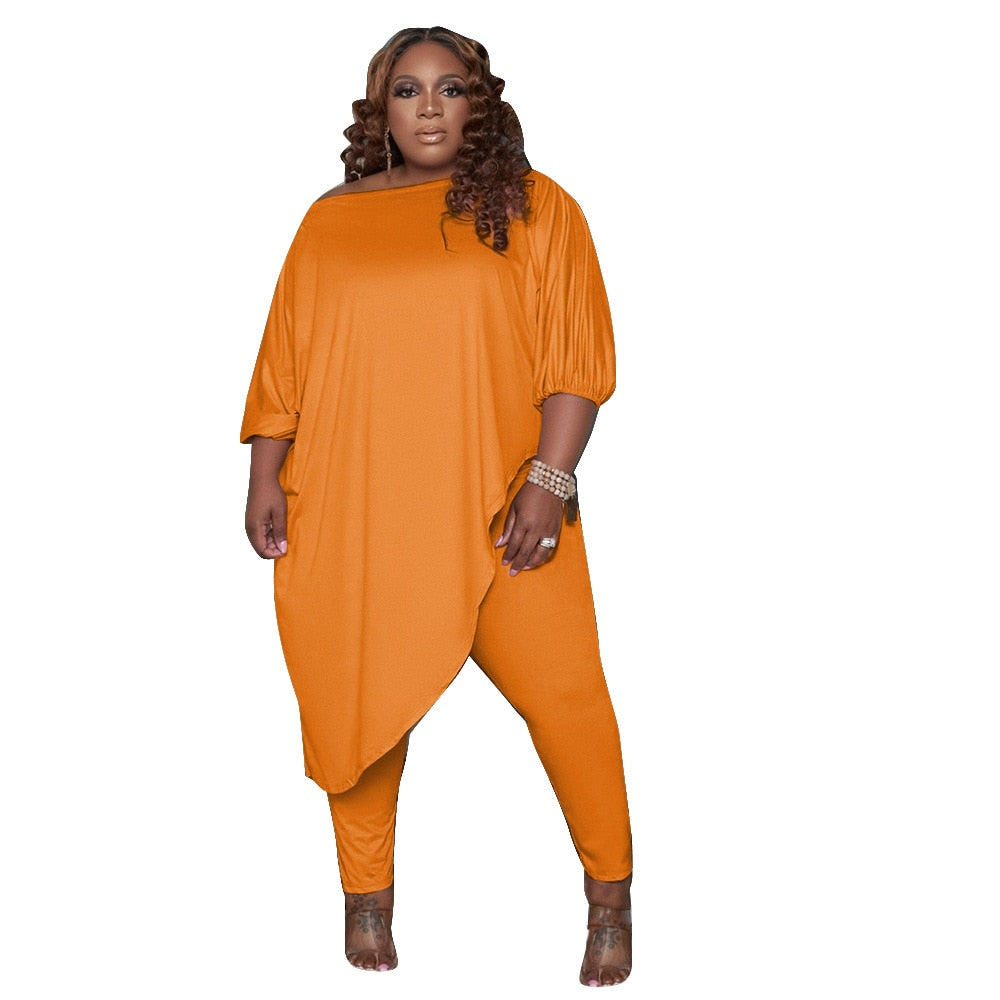 Trendy 2-Piece Women's Lounge Set - Asymmetric Diagonal Collar T-Shirt & Matching Slim Trousers