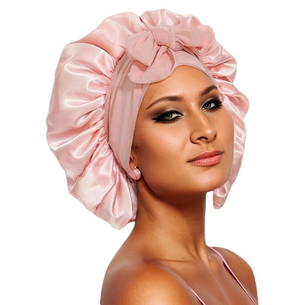 Wide-Brimmed Satin Bonnets with Elastic Ribbon Bow | Solid Color Hairdressing Sleep Cap
