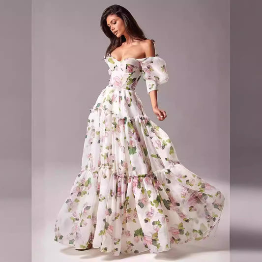 Elegant Off-Shoulder Organza Floral Maxi Dress - Premium Long Evening Gown for Women