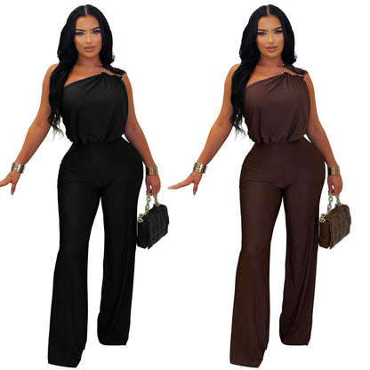 Chic One-Shoulder Wide-Leg Jumpsuit – Elegant Sleeveless Bodycon Romper for Women