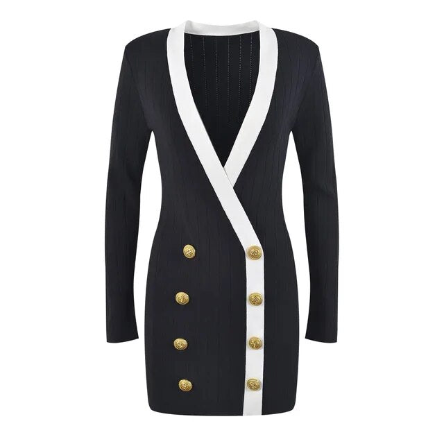 Luxury Contrast Knit Mini Dress - Elegant Gold Button Deep V-Neck Sweater Dress for Women