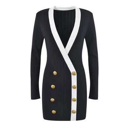 Luxury Contrast Knit Mini Dress - Elegant Gold Button Deep V-Neck Sweater Dress for Women