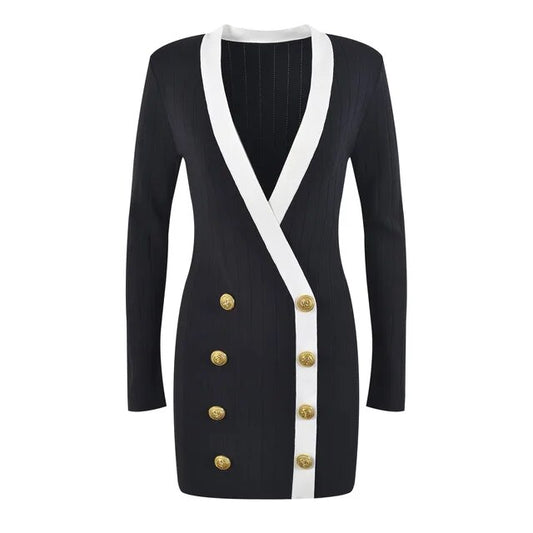 Luxury Contrast Knit Mini Dress - Elegant Gold Button Deep V-Neck Sweater Dress for Women