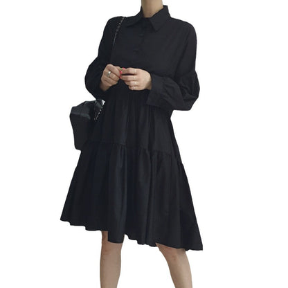 Chic Korean Style White Shirt Dress - Loose Fit Puff Sleeve Tiered Mini Dress for Women