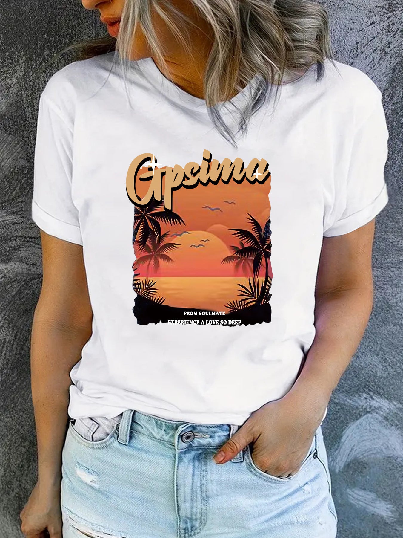 GPSIMA Sunset Beach Printed Round Neck Short Sleeve T-Shirt | Graphic Vacation Tee