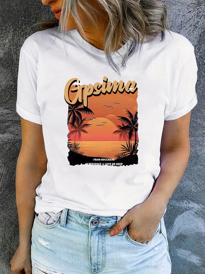 GPSIMA Sunset Beach Printed Round Neck Short Sleeve T-Shirt | Graphic Vacation Tee