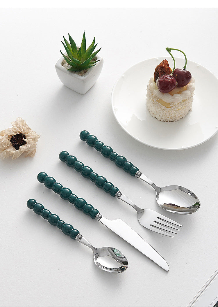 4-Piece Designer Pearl Handle Cutlery Set - Elegant Emerald Green & Stainless Steel Flatware