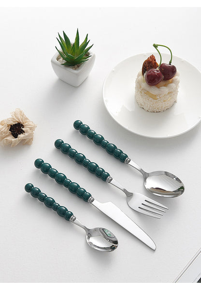 4-Piece Designer Pearl Handle Cutlery Set - Elegant Emerald Green & Stainless Steel Flatware