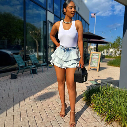 High-Waisted Denim Ruffle Mini Skirt - Fashion Irregular Skirt for Women