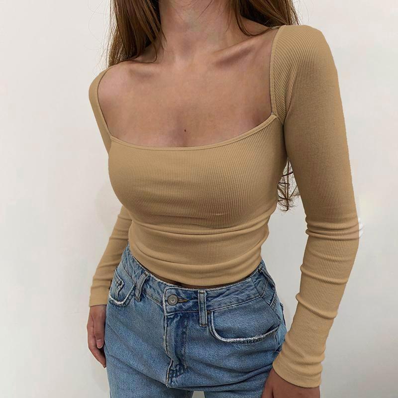 Minimally Slim Fit Vertical Knit Square Neck Long Sleeved Top for Women