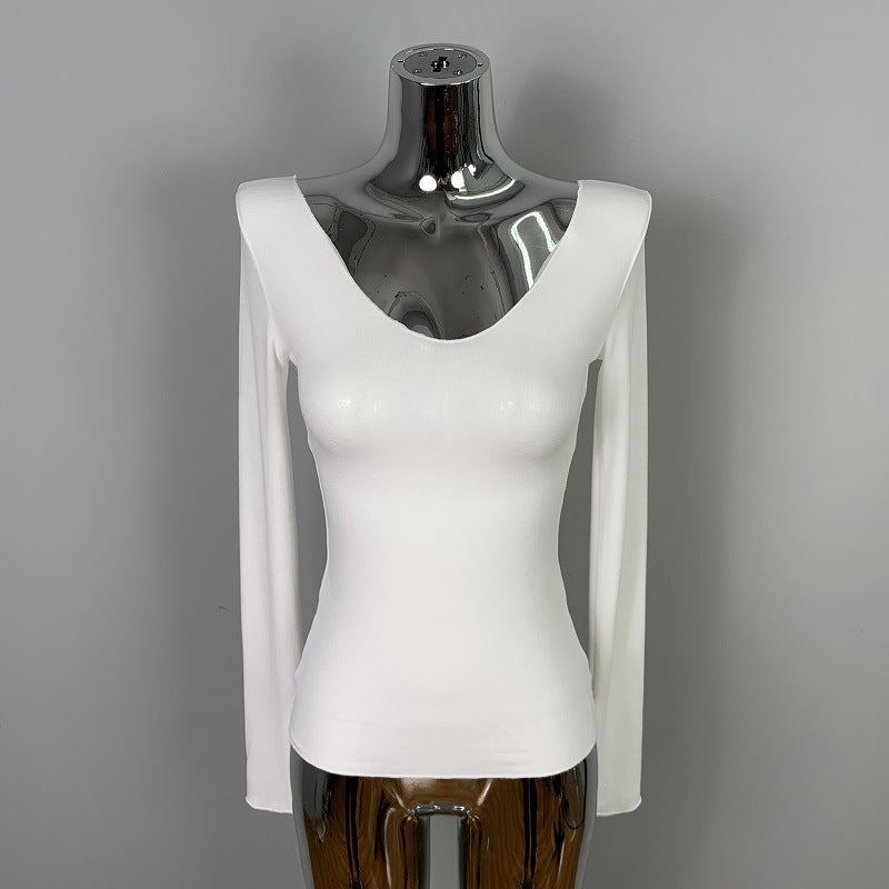Chic Ribbed Long Sleeve V-Neck Top - Slim Fit Solid Grey Casual Base Layer