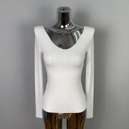 Chic Ribbed Long Sleeve V-Neck Top - Slim Fit Solid Grey Casual Base Layer