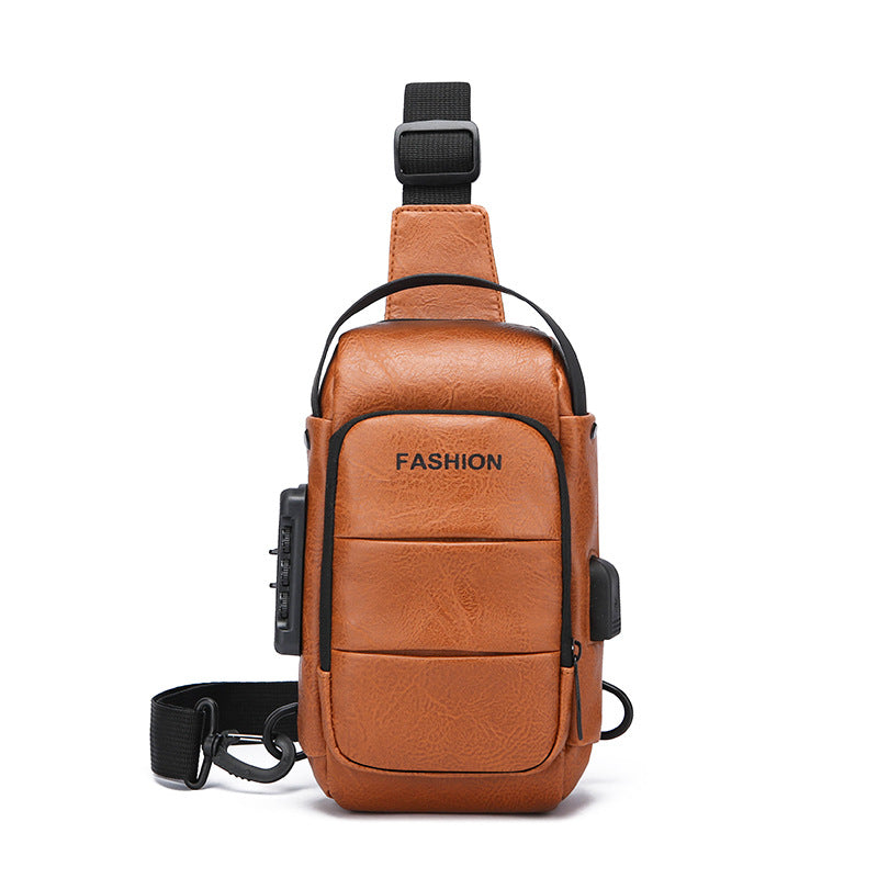 Men's Waterproof Faux Leather Chest Sling Bag with USB Charging Port