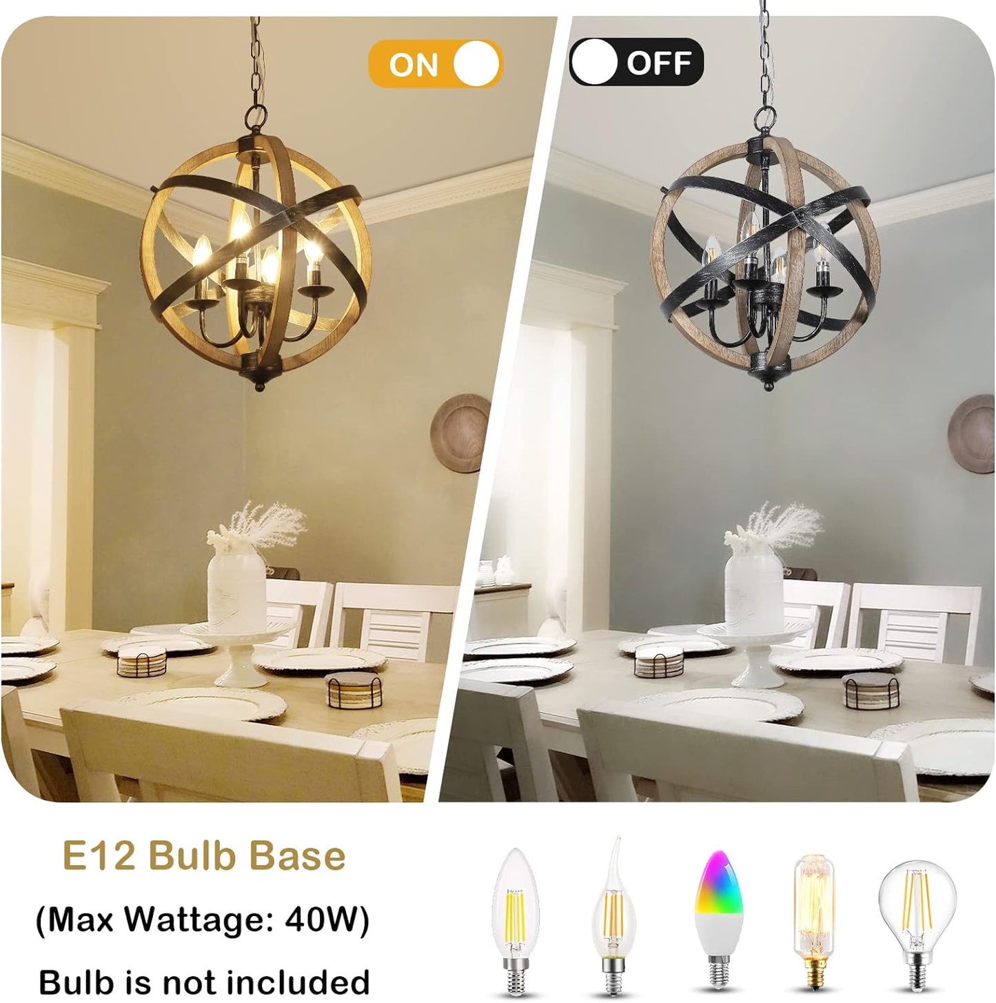 Rustic Farmhouse Orb Chandelier – 4-Light Vintage Wood & Metal Globe Pendant for Dining Room