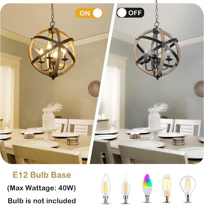 Rustic Farmhouse Orb Chandelier – 4-Light Vintage Wood & Metal Globe Pendant for Dining Room