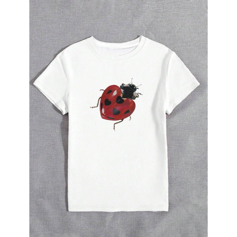 Women's Casual Seven Star Ladybug Graphic Tee - White T-Shirt