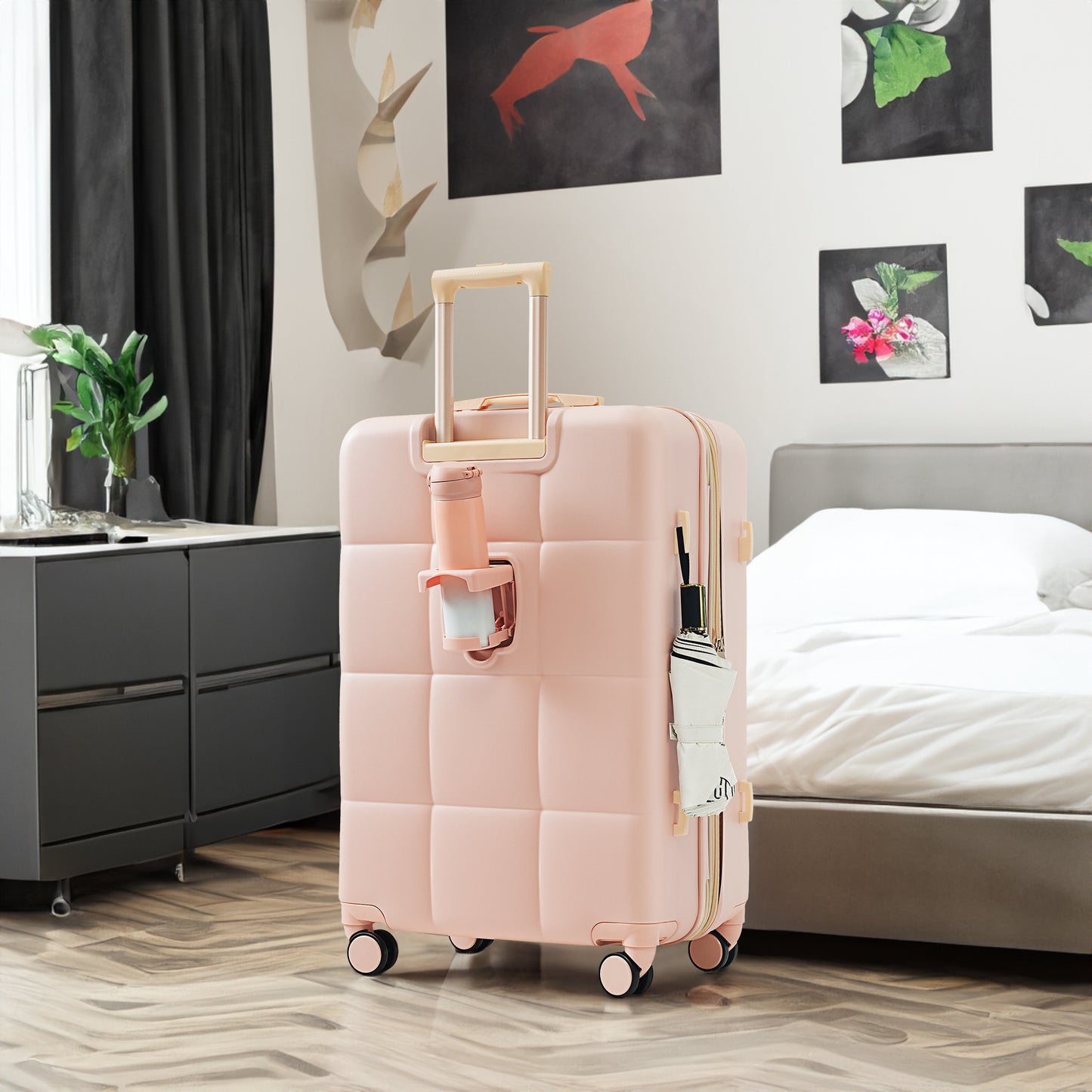 20-Inch ABS Hardshell Carry-on Suitcase with USB Charging Port & Cup Holder - Pink