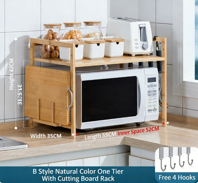 2-Tier Bamboo Microwave Oven Rack - Kitchen Countertop Storage Organizer Shelf