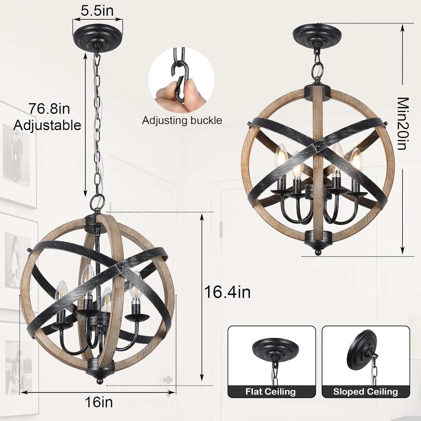 Rustic Farmhouse Orb Chandelier – 4-Light Vintage Wood & Metal Globe Pendant for Dining Room