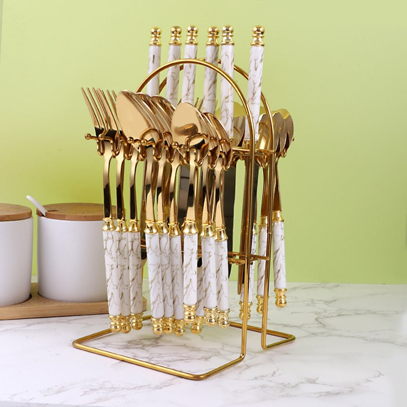 Luxury 24-Piece Golden Cutlery Set with Marble Pattern Handles & Gold Stand