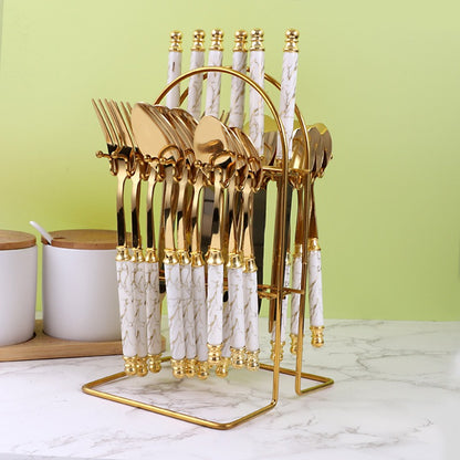 Luxury 24-Piece Golden Cutlery Set with Marble Pattern Handles & Gold Stand