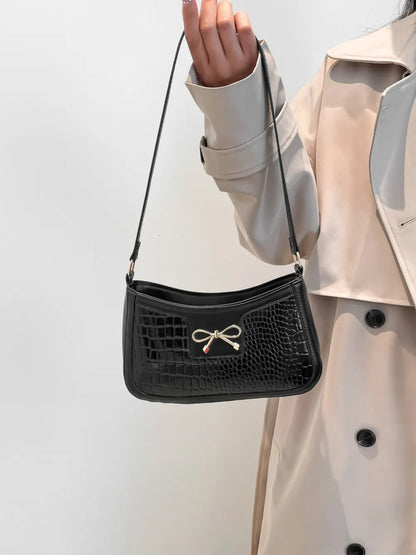 Elegant Crocodile Pattern PU Leather Shoulder Bag with Bow Detail