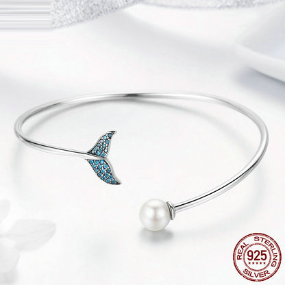 Blue Crystal Mermaid Tail & Pearl Adjustable Silver Bracelet