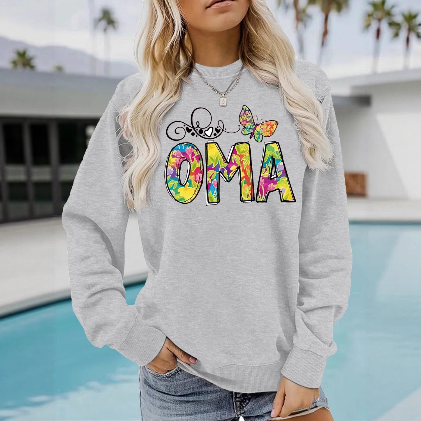 OMA" Butterfly Tie-Dye Print Sweatshirt | Loose Fit Brown Pullover for Grandmas