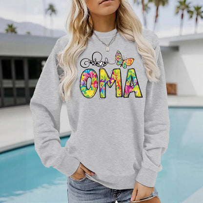 OMA" Butterfly Tie-Dye Print Sweatshirt | Loose Fit Brown Pullover for Grandmas
