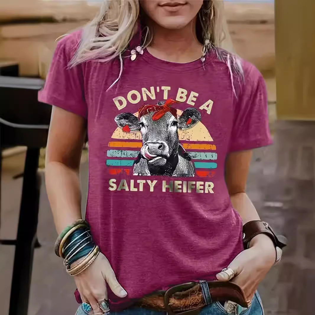 Funny Cow Pattern Printed Round Neck Short Sleeved Shirt | 'Don't Be A Salty Heifer' Graphic Tee