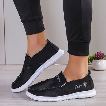 Women's Raw Edge Canvas Slip-Ons - Comfortable Round Toe Embroidery Flat Shoes