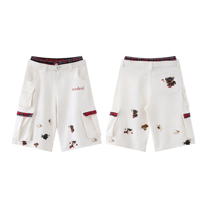 Street Style Plaid Spliced Cargo Shorts – Aesthetic White Wide-Leg Denim for Women