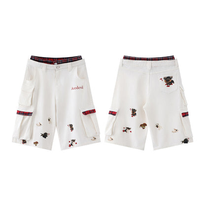 Street Style Plaid Spliced Cargo Shorts – Aesthetic White Wide-Leg Denim for Women