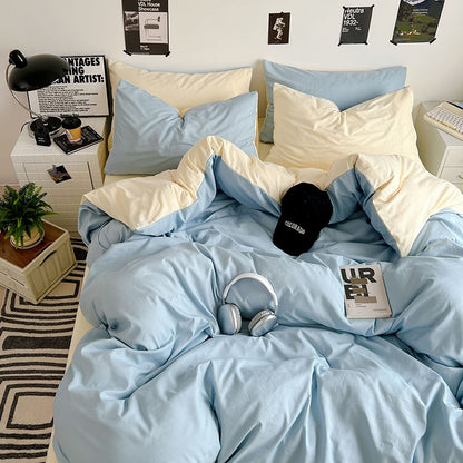 Premium Washed Cotton Double-Spliced Bedding Set – Soft Sky Blue & Cream 4-Piece Duvet Cover Set for Dormitory & Home