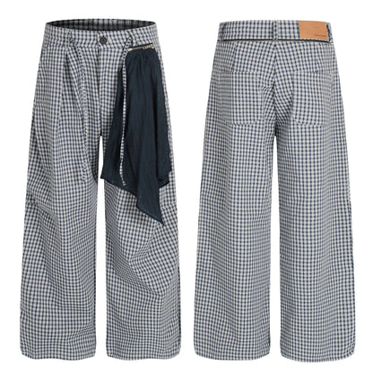 Men's Avant-Garde Deconstructed Checkered Pants with Scarf Detail