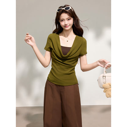 Women's Chic False Two-Piece Drape Neck Short Sleeve T-Shirt