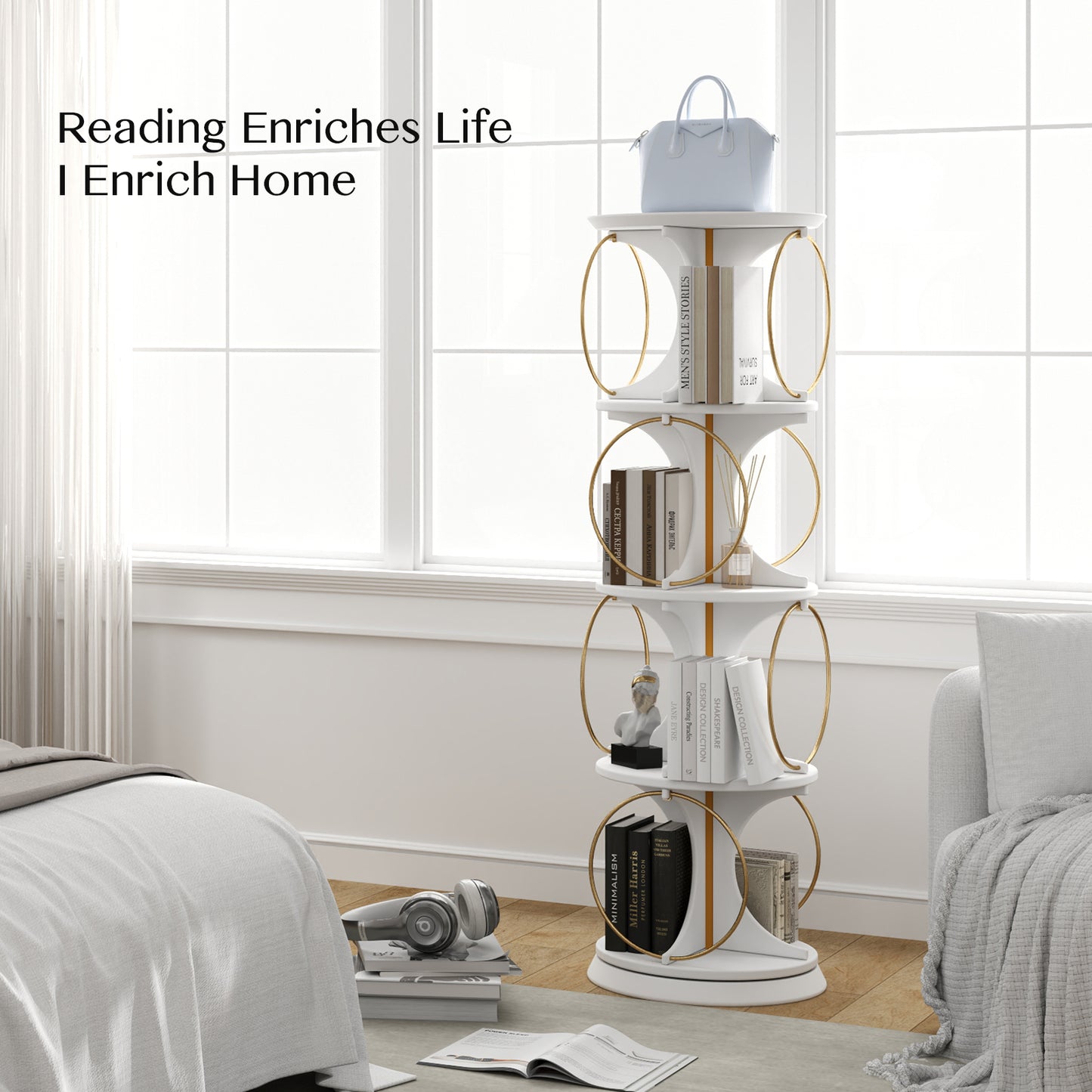4-Tier 360° Rotating Bookshelf & Display Rack – Floor Standing Modern Storage Organizer for Home & Office