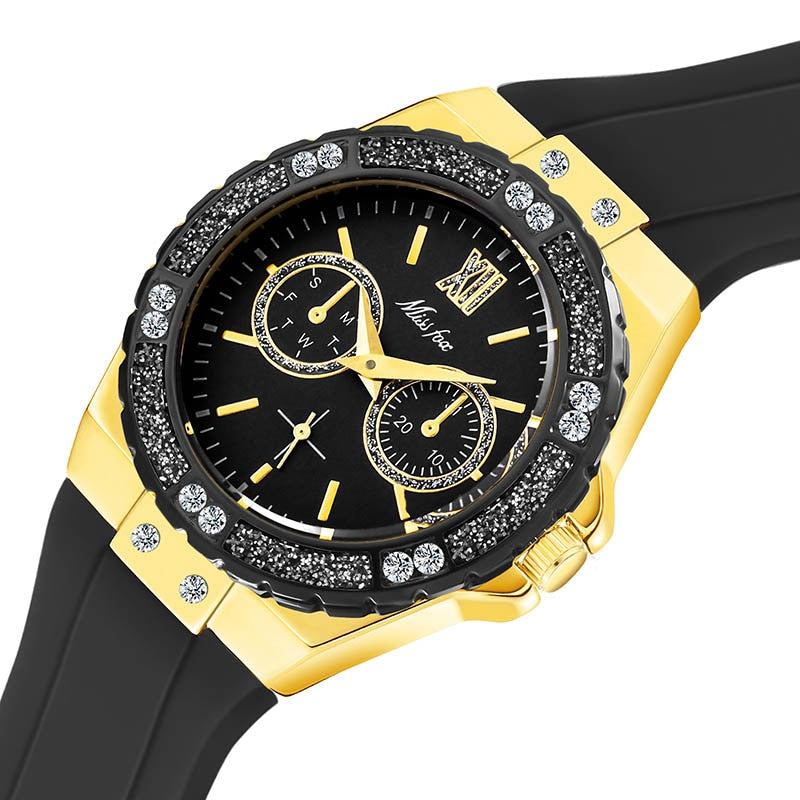 Elegant Ladies Diamond Quartz Wristwatch with Blue Rubber Band