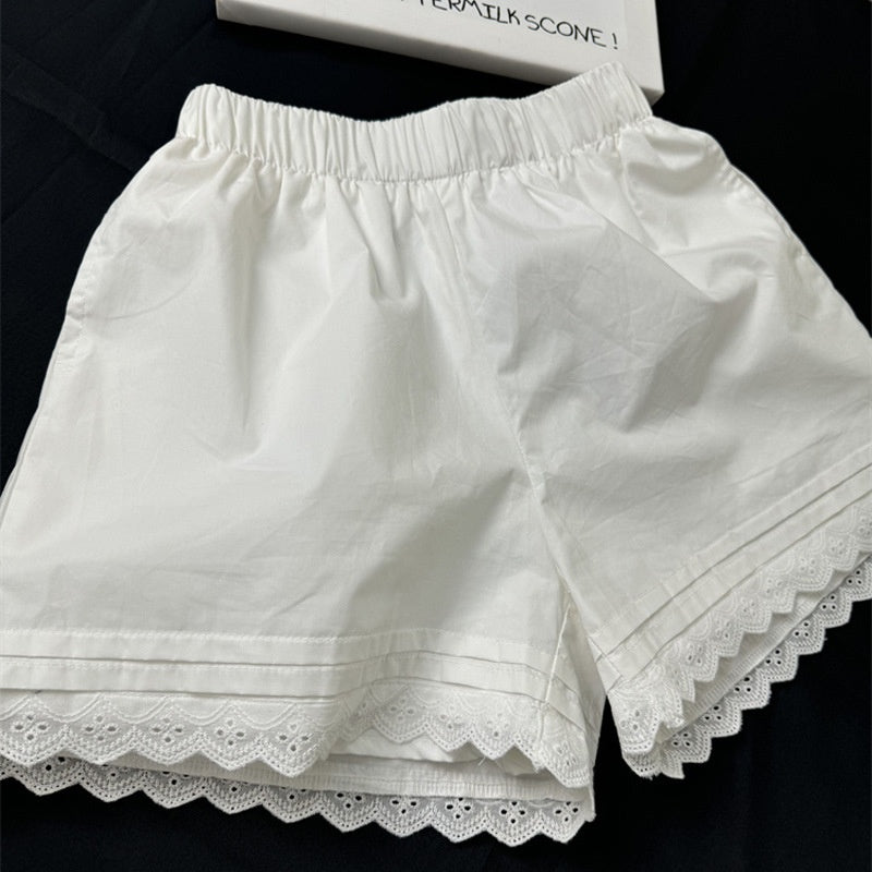 Elegant White Lace Trim Shorts for Women - High Waist Summer Beach Wear