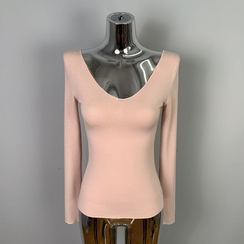 Chic Ribbed Long Sleeve V-Neck Top - Slim Fit Solid Grey Casual Base Layer