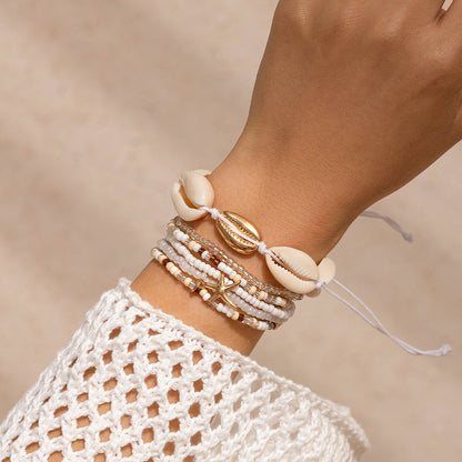 Bohemian Rice Bead & Cowrie Shell Bracelet Set - Layered Starfish Vacation Jewelry
