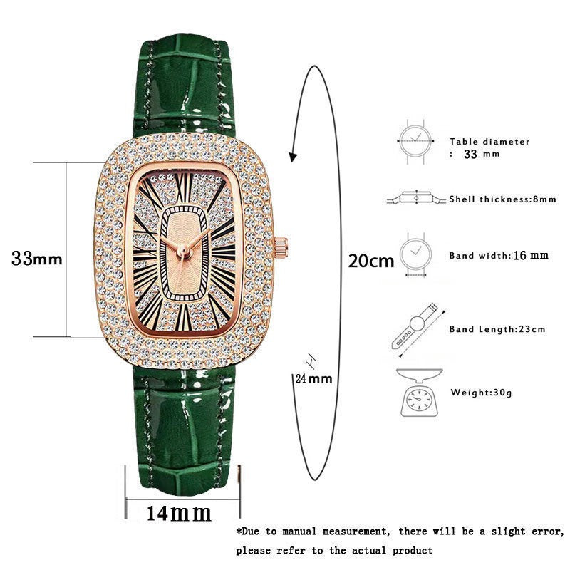 Elegant Small Green Quartz Watch for Women with Rhinestone Bezel