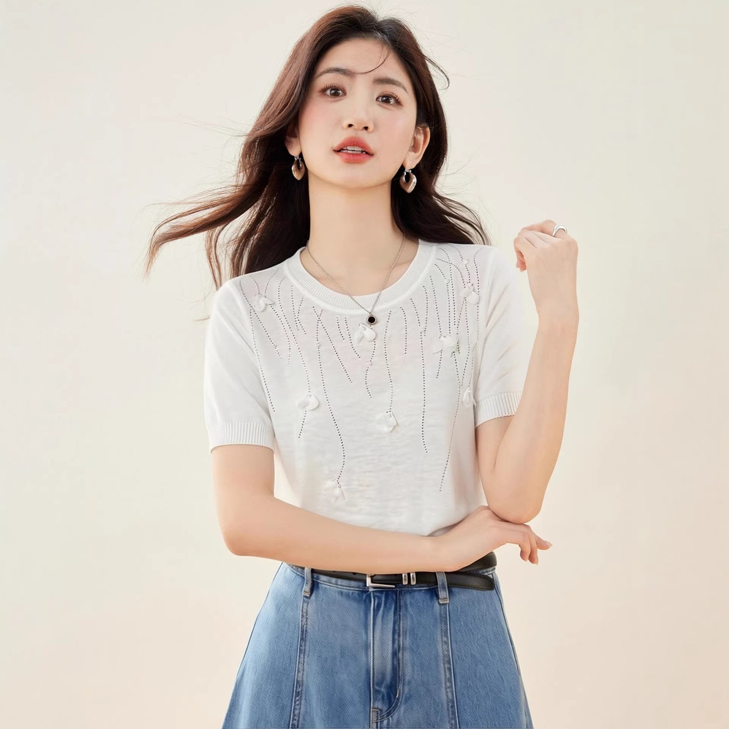 Chic Embellished Sequin Beaded Knit Top - Round Neck Office Casual Style