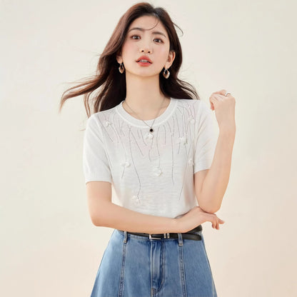 Chic Embellished Sequin Beaded Knit Top - Round Neck Office Casual Style