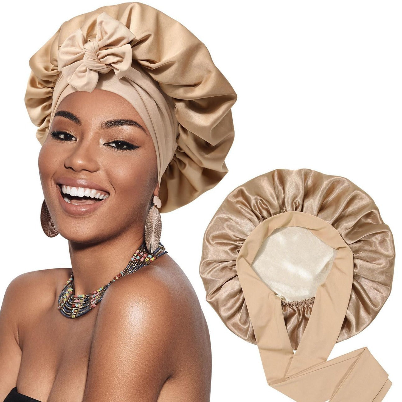 Silky Satin Hair Bonnets with Ribbon Tie | Long Hair Care Sleep Night Cap